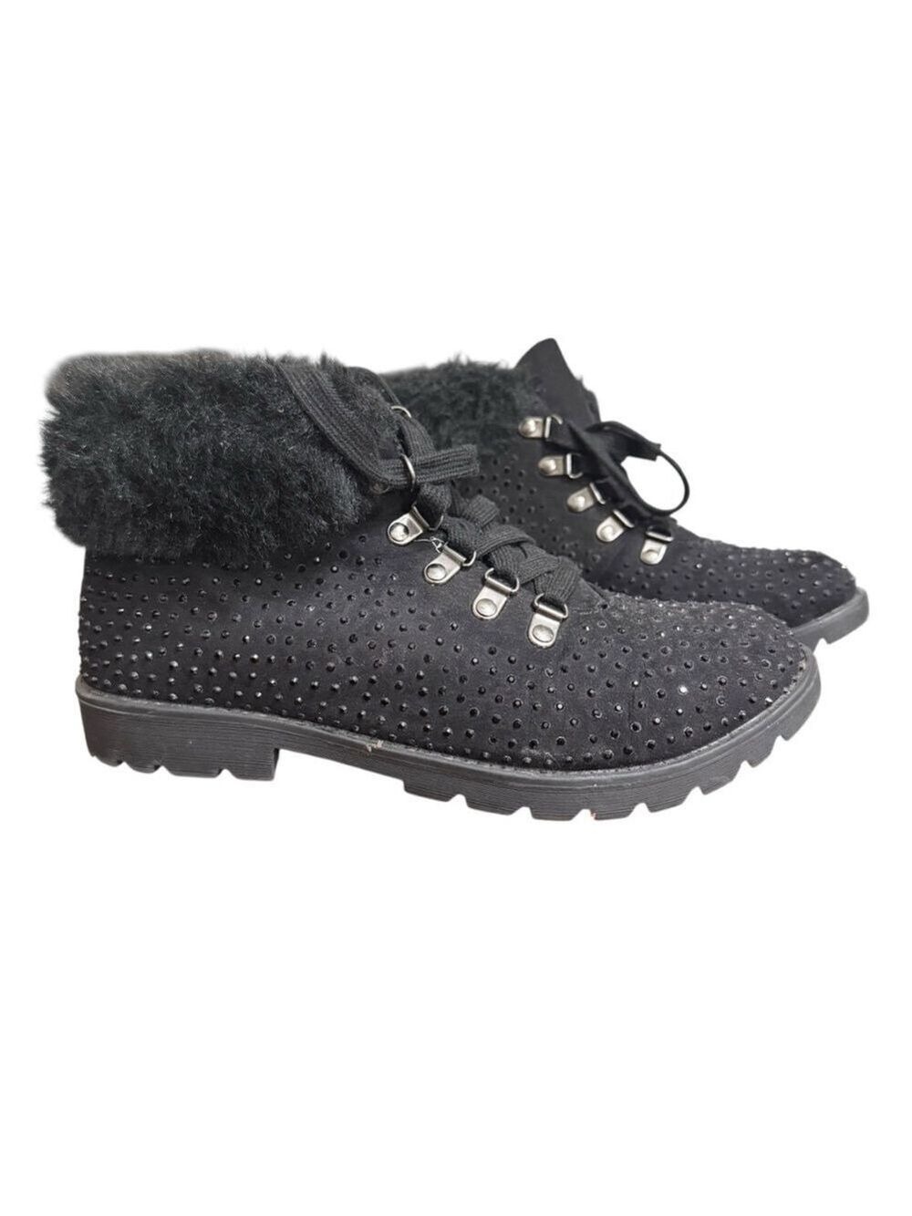 Justice Girls Black Faux Fur Ankle Boots Size 9 Rhinestone‎ Lace Up